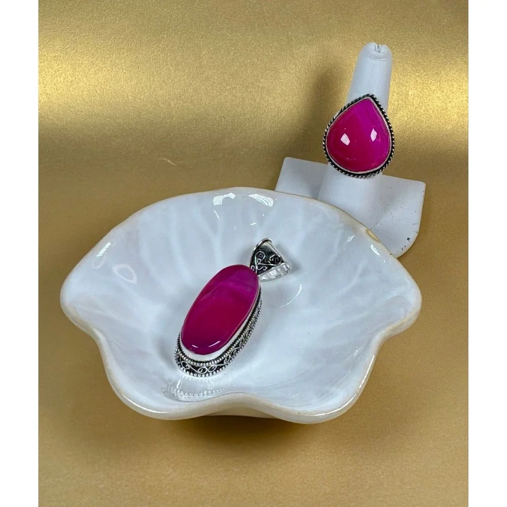 💗 Hot Pink Agate Gift Set – Ring + Pendant Duo ✨
